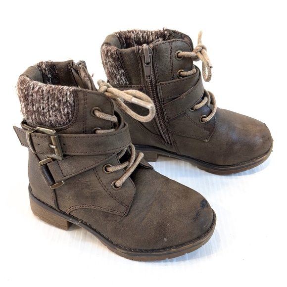 I.D. REQUIRED Toddler Girl Brown Lace-up Boots With Knit Sweater Cuff Size 7 - Picture 1 of 11